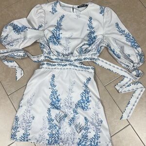 SHEIN Blue and White Smocked Bishop Sleeve Dress